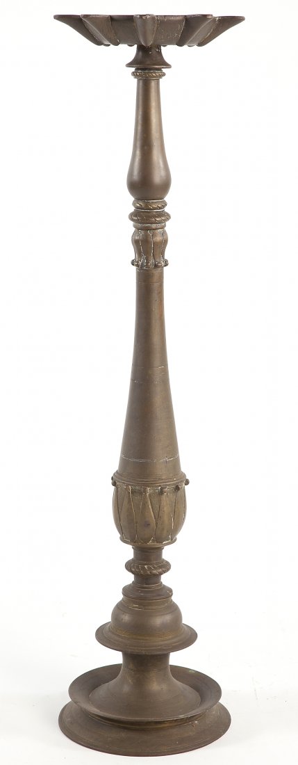Brass Spanish Smoking Stand: Brass Spanish Smoking Stand circular base, scroll pattern and petal top. 35.75 x 9 in.