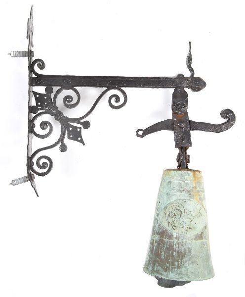 Chinese Bronze Bell: Chinese Bronze Bell Kangxi period, 17th century, scroll pattern wrought iron bracket, including three graduated bells. This was originally hung at the front door entrance. 23.5 x 15 in.
