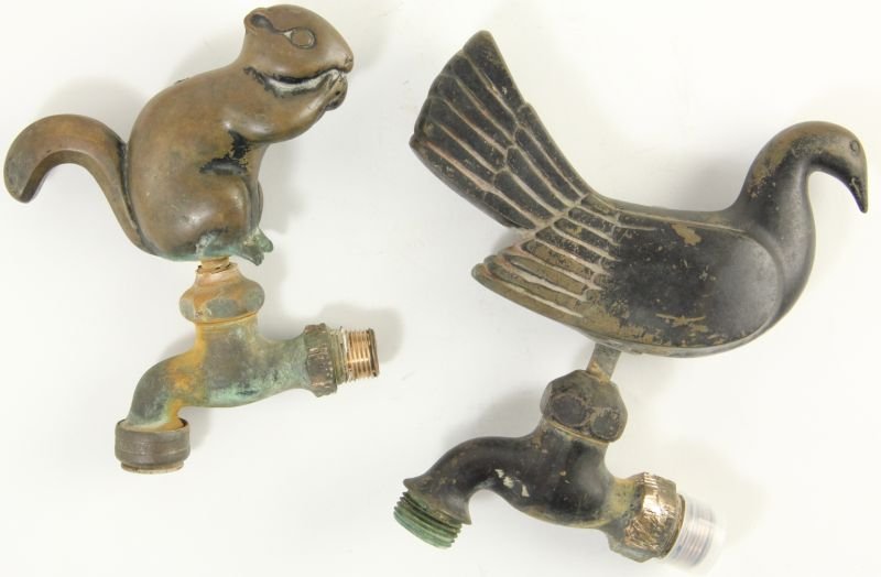 Pair of Figural Bronze Faucet Handles: Pair of Figural Bronze Faucet Handles 19th century, consisting of one gamecock and one squirrel design. Dimensions: Gamecock: 6.75 x 5.25 in. Squirrel: 8 x 5.5 in.
