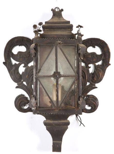 Spanish Wall Sconce: Spanish Wall Sconce pressed painted figural tin fixture with 3 lights and mirrored back. 22 x 16 x 8 in.