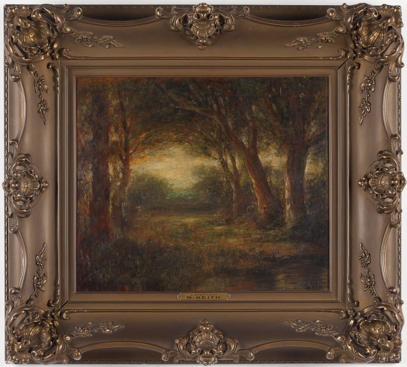 William Keith (Am., 1839-1911), "A Symphony": William Keith (Am., 1839-1911), "A Symphony"oil on panel, signed lower right "W. Keith," Barbizon style landscape presented in likely original ornate gilt composition frame with gallery plaque. SS 13.