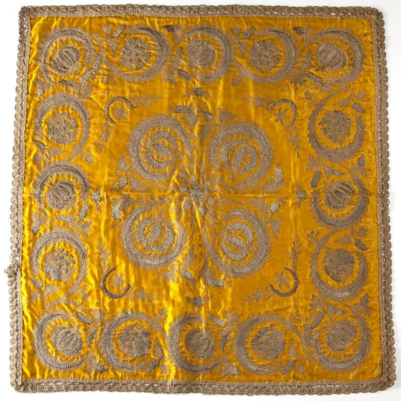 Spanish Embroidered Table Cloth: Spanish Embroidered Table Cloth 19th century in the 18th century style, gold silk and metal thread embroidered pattern table cover. 36 in. x 36 in.