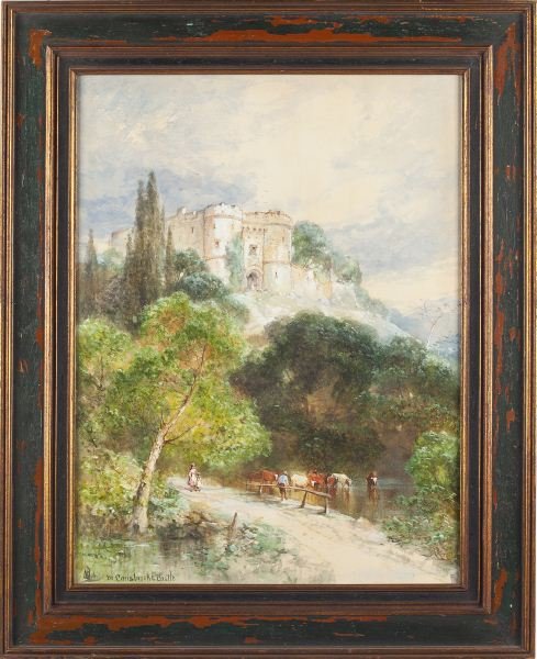 Andrew W. Melrose (Am., 1836-1901), Castle: Andrew W. Melrose (Am., 1836-1901), Castle watercolor and gouache on paper; artist signed, dated 1881, and titled "Carisbrooke Castle" at lower left; charming scene with figures and cattle beneath the