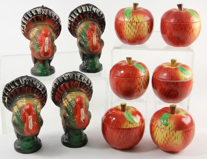 Group of Fall Table Ornaments: Group of Fall Table Ornaments including a set of (6) Czechoslovakia porcelain baked apple servers with attractive hand-painted decoration(3.75 in.); and a set of (4) papier mache tom turkeys (7 in.).