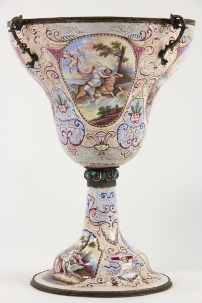 Antique Enameled Standing Cup: Antique Enameled Standing Cup inverted bell form on stepped foot with enameled silver mounts, the entirety with refined enameling featuring figural mythological scenes. 9.5 in.