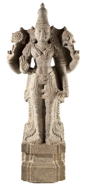 Indian Granite Standing Figure of Vishnu: Indian Granite Standing Figure of Vishnuon a stepped base, one of the four arms is extended holding a conch shell.33 in.