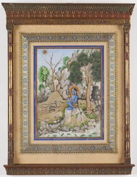 Antique Indian Mughal School Painting: Antique Indian Mughal School Painting tempera on paper, depicting Krishna charming the serpents in a landscape, a lotus pond below, matted and framed under glass, the mat with applied brocade border, 