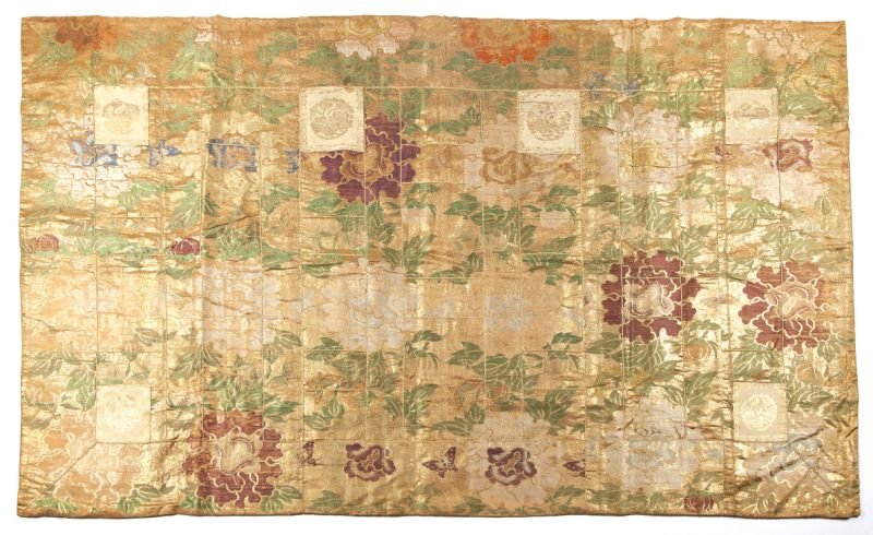 Gold Wall Hanging: Gold Wall Hanging green and white floral design with allover shimmering gold field worked, six gold and ivory medallion appliques, lined with gold sateen. 78 in. x 45.5 in.