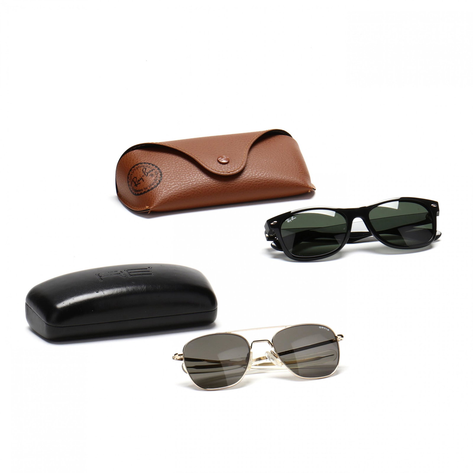 Two Pair Designer Sunglasses: Two Pair Designer Sunglassesthe first, Ray Ban New Wayfarer RB2132, matte black frame green lens, with brown leather case (good condition), Randolph Engineering Aviator 23 KT gold frame with gray lens
