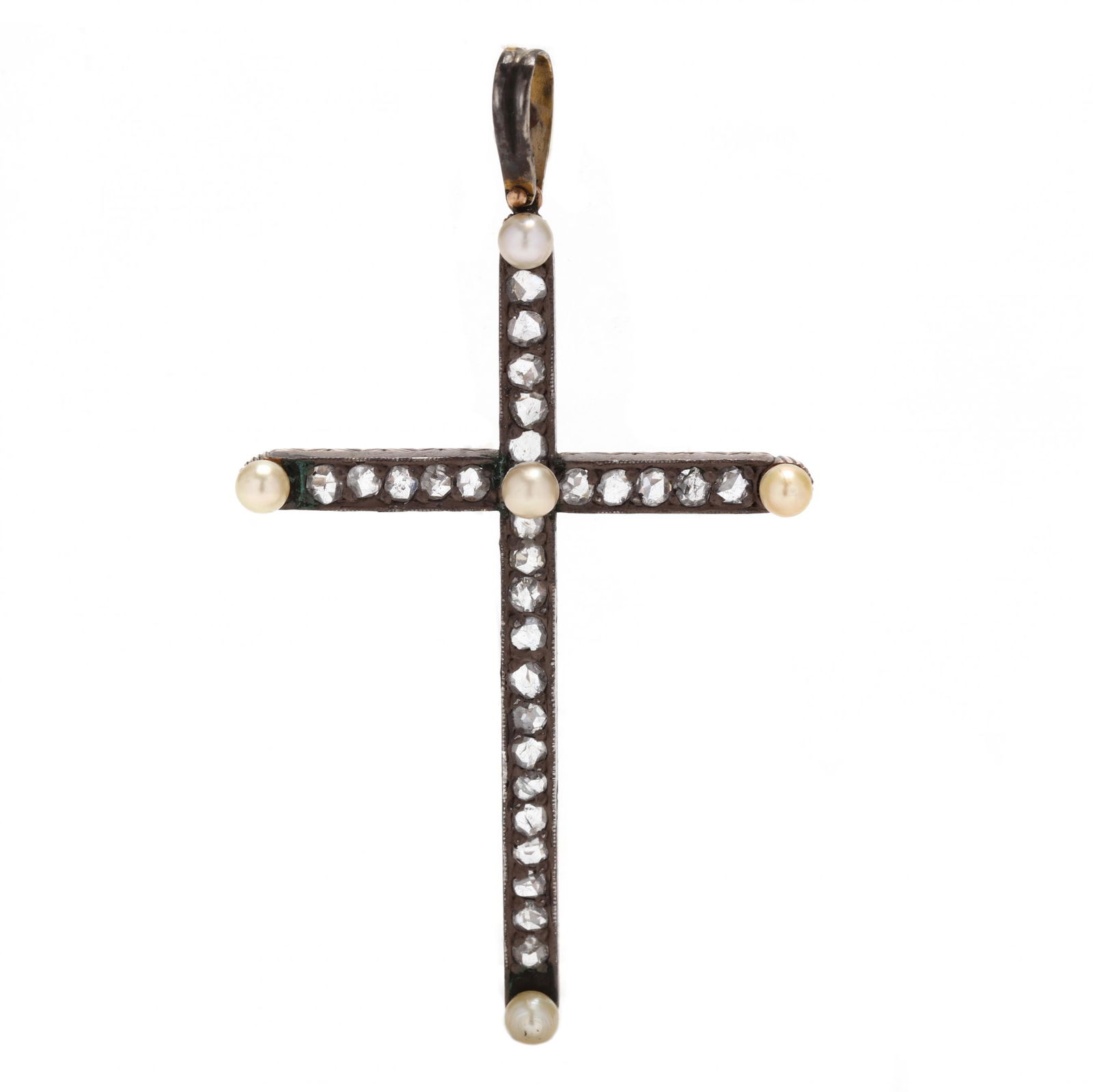 Antique Silver Topped Gold Pearl and Diamond Cross Pendant (1 of 2)