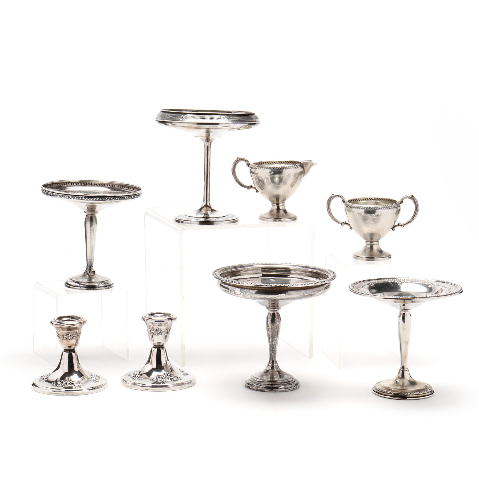 Eight American Sterling Silver Table Accessories: Eight American Sterling Silver Table Accessoriesincluding (2) compotes with reticulated rims, tallest with mark of La Pierre Manufacturing Co. (6 1/4 in.), shorter with mark of Matthews Co. (5 3/4 in.
