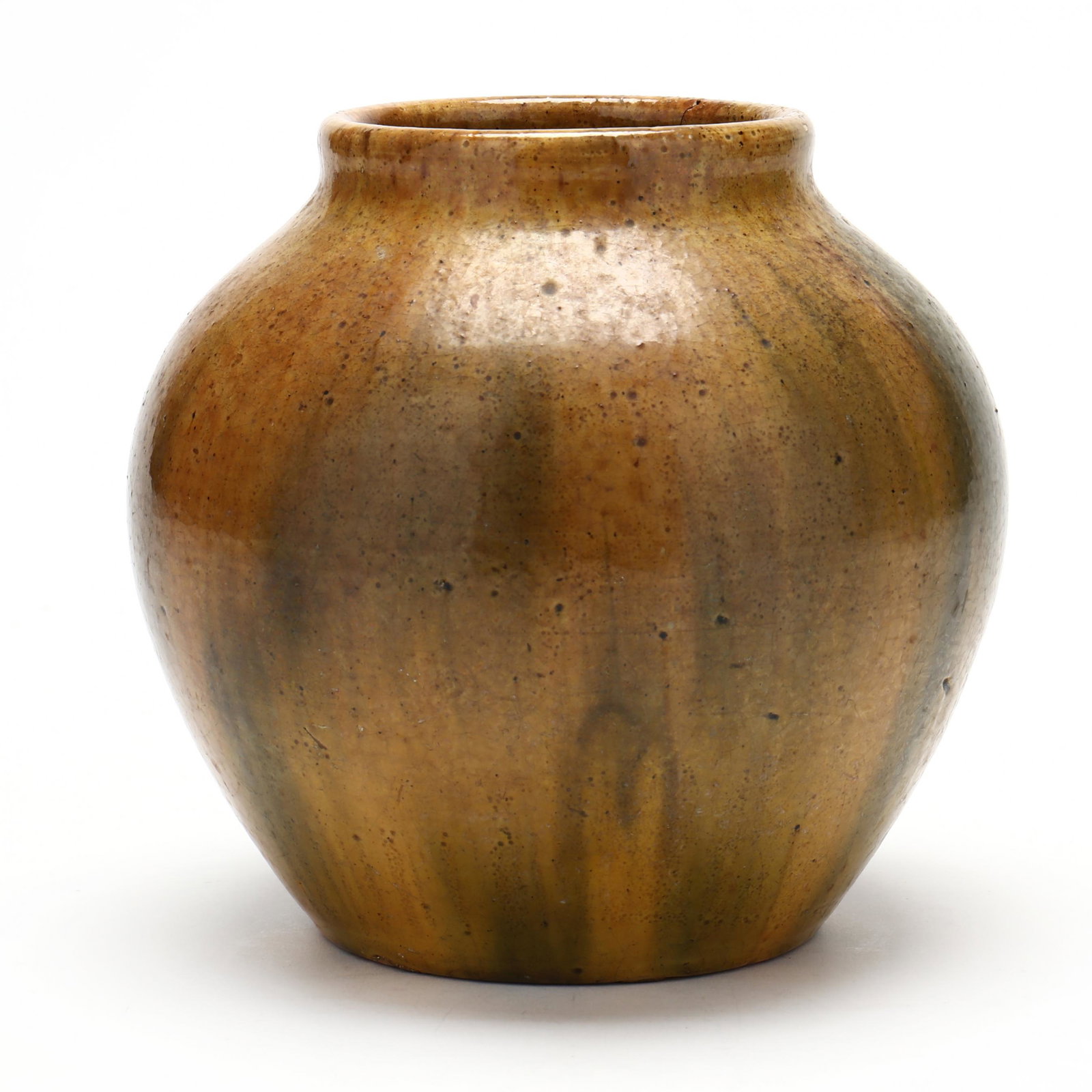 John Wesley Hilton (Catawba County, NC, 1846-1923): John Wesley Hilton (Catawba County, NC, 1846-1923)ovoid vase, earthenware with streaky clear lead glaze, numerous small glaze imperfections throughout, inscribed on the underside, under the glaze, "19