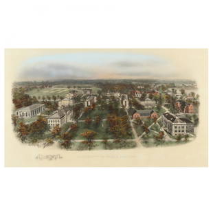 Antique Bird's-Eye View Print of the University of North Carolina at Chapel Hill, Richard Rummell: Antique Bird's-Eye View Print of the University of North Carolina at Chapel Hill, Richard Rummell hand-colored lithograph, 1907, with printed remarque lower left, matted and framed. Frame