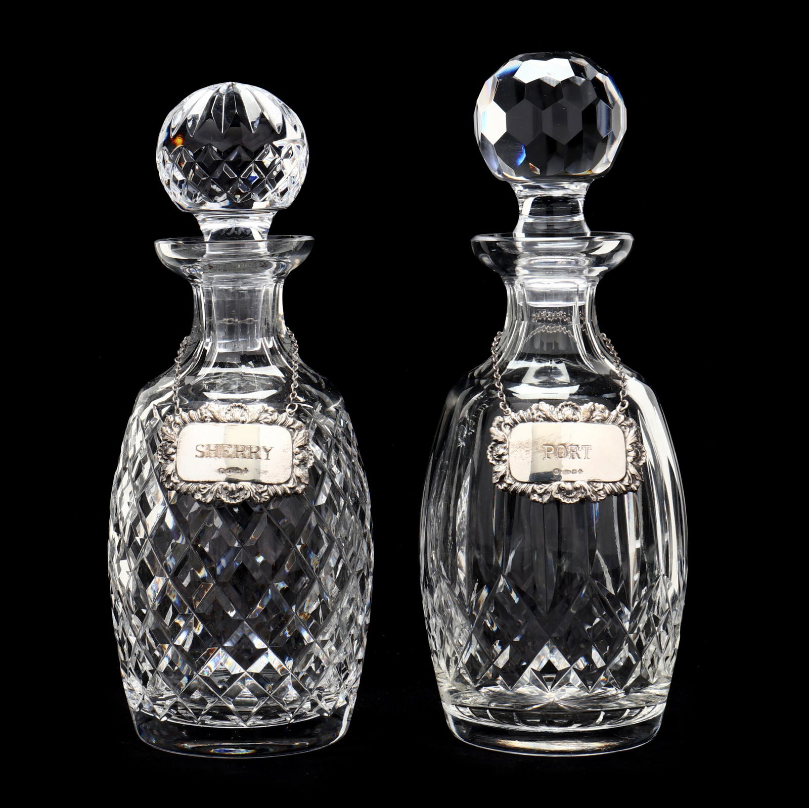 Two Waterford Crystal Decanters With Elizabeth Ii Siiver Tags Auction