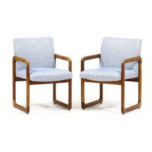 attributed to Arthur Umanoff (American, 1923-1985), Pair of Armchairs: attributed to Arthur Umanoff (American, 1923-1985), Pair of Armchairsfor Madison, 1960s, walnut frame with contemporary blue/white woven upholstery, one chair labeled. 33 x 22 x 22 in. Additional hig