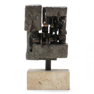 James Wines (American, b. 1932), Pandora's Box: James Wines (American, b. 1932), Pandora's Box1962, cement and patinated bronze, incised signature and date to side, raised atop a cubic stone base. 21 3/4 x 11 x 8 in. James Wines is the founder of t