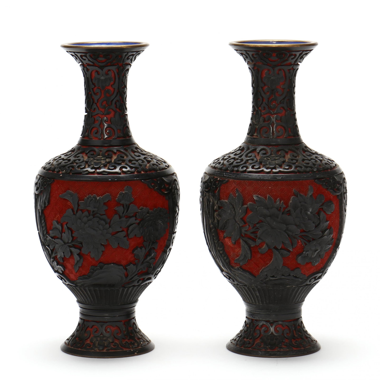 A Pair of Chinese Black and Red Carved Lacquer Style Vases (1 of 6)