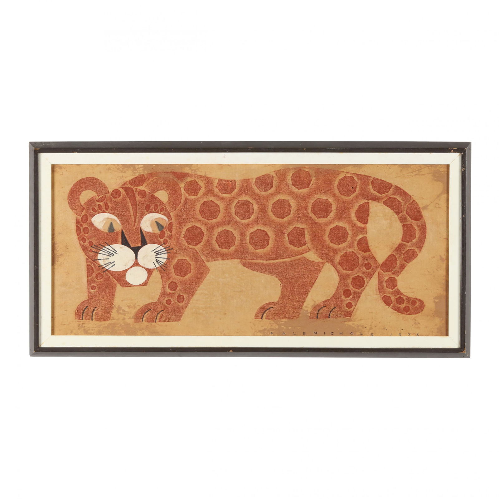 Dale Nichols (American, 1904-1995), Guatemalan Leopard: Dale Nichols (American, 1904-1995), Guatemalan Leopardmixed media on fabric, 1976, signed and dated at lower right, presented in a period black and white painted frame. Frame dimensions 14 3/4 x 30 in