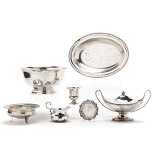 Group of Assorted Sterling Silver Hollowware: Group of Assorted Sterling Silver Hollowware including a sterling Richard Woods Paul Revere round footed bowl, model number 608 (4 3/8 x 8 1/4 in. dia); a Peruvian sterling bread tray with bead course