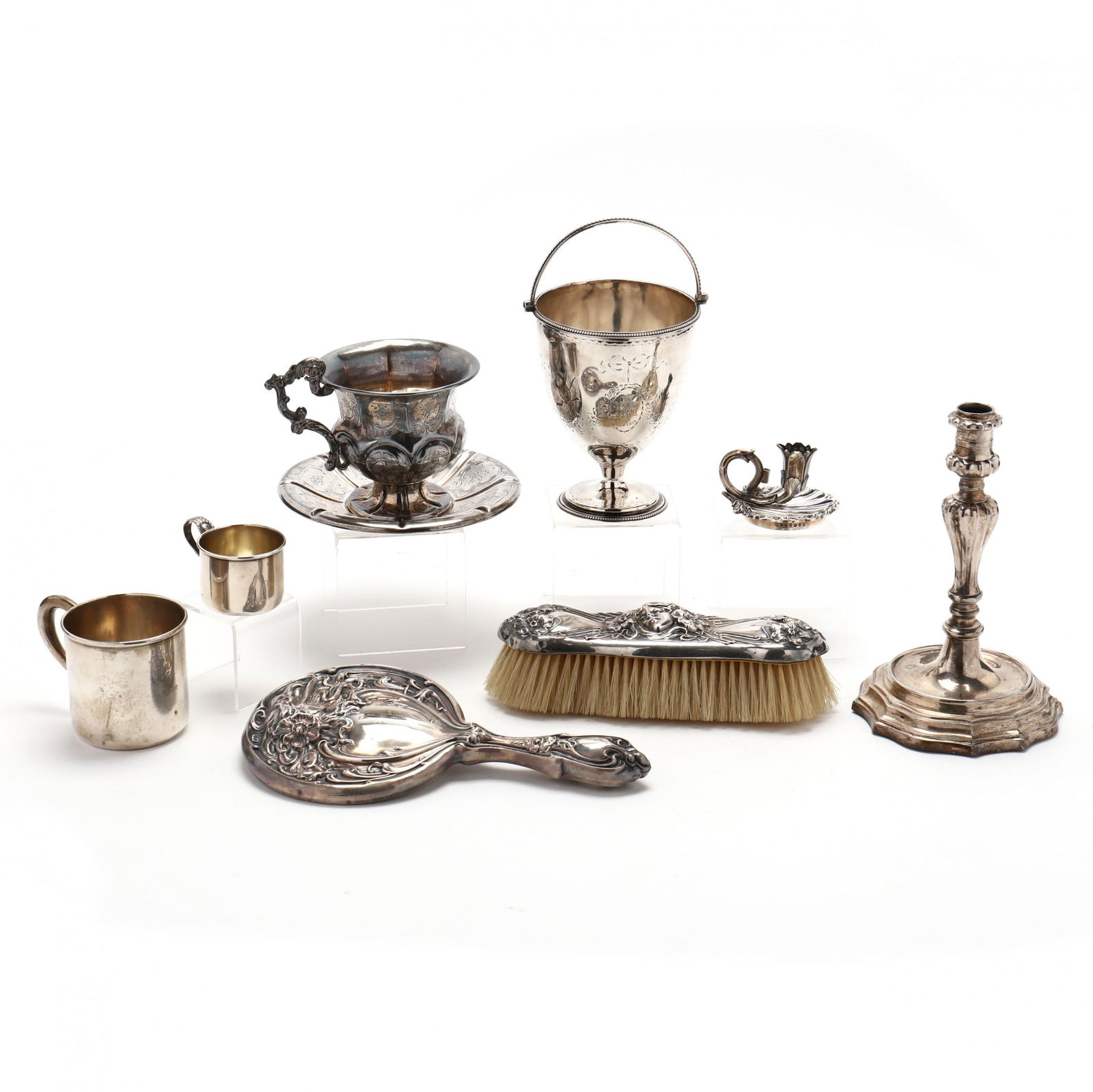 A Collection of American and Continental Sterling and Fine Silver Table Accessories: A Collection of American and Continental Sterling and Fine Silver Table Accessories(9) items total including; a Fine Silver French cup and saucer stamped with Mercury export (950) marks, with chased d