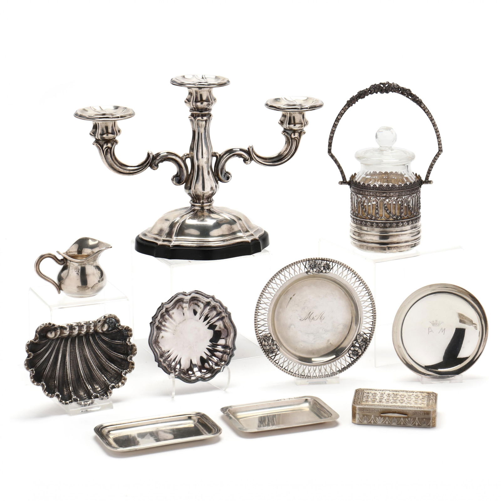 Collection of Ten Italian and Continental .800 and Silver Table Accessories: Collection of Ten Italian and Continental .800 and Silver Table Accessories(10) total items; includes (9) .800 silver items, first a three-light candelabra with rocaille arms, a weighted base, and sep