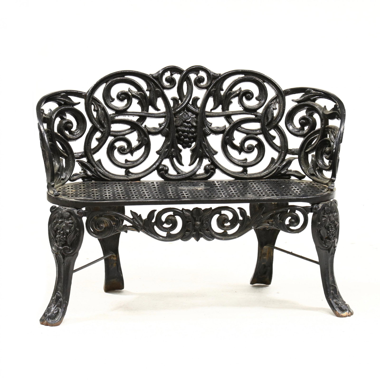 Kramer Bros., Cast Iron Garden Bench: Kramer Bros., Cast Iron Garden Bench Ohio, late 19th century, grape motif, in later black paint, with Kramer Bros. plaque to seat. 32 x 41.5 x 22 in. A Kramer Bros. garden bench can be found in the Wh