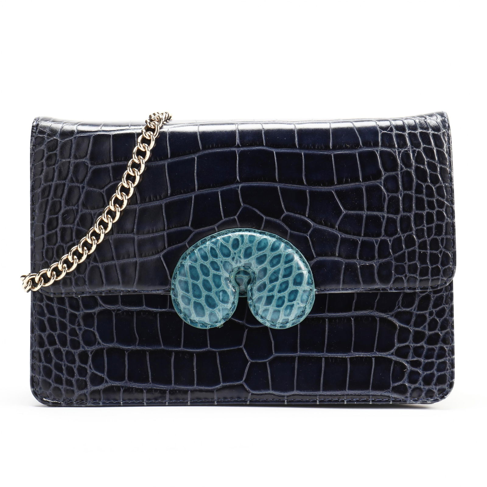 Mark Cross Crocodile Impressed Shoulder Bag: Mark Cross Crocodile Impressed Shoulder Bagcirca 1980-90s, two color blue leather, structured form with a front flap magnetic closure, fabric lined interior with multiple pockets, and Mark Cross tab,