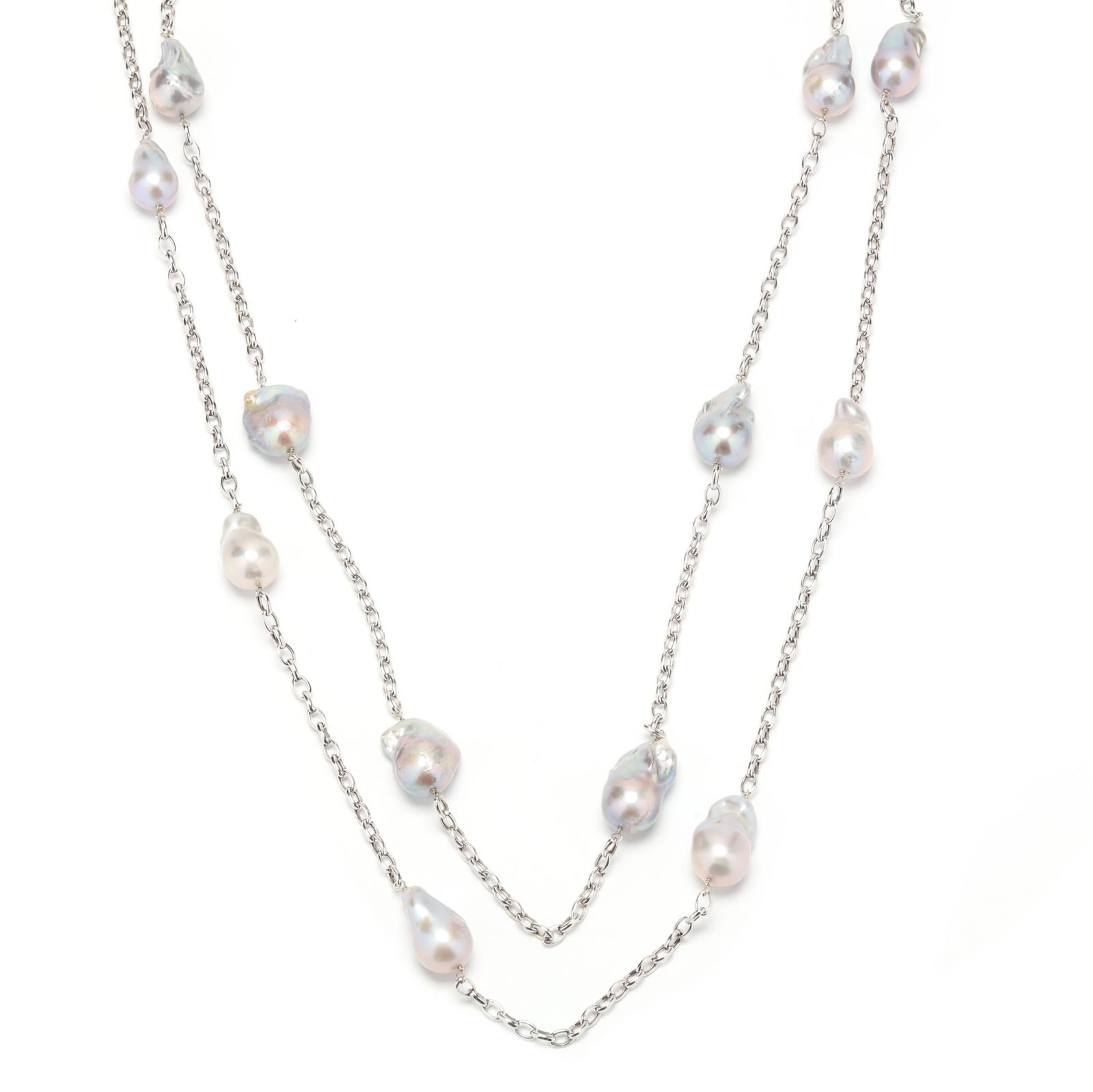 Two White Gold and Baroque Pearl Station Necklaces (1 of 5)