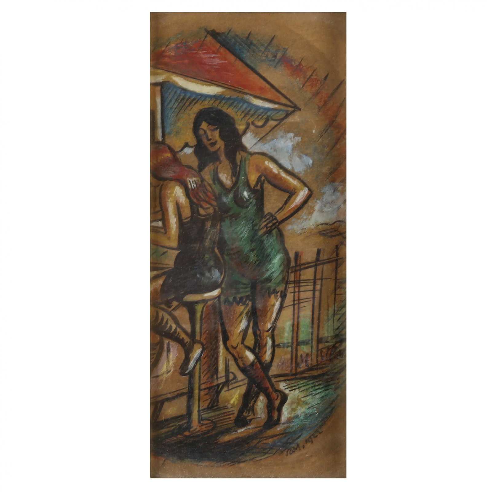 Reginald Marsh (American, 1898-1954), Two Women at a Soda Bar: Reginald Marsh (American, 1898-1954), Two Women at a Soda Barink and gouache on paper, 1922, signed with the artist's initials and dated, retaining gallery label to verso, framed under glass. Sight si