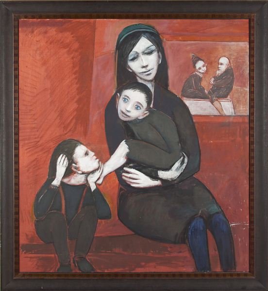Robert Broderson (NC, 1920-1992), "Red Madonna": Robert Broderson (NC, 1920-1992), "Red Madonna" oil on canvas, unsigned, presented in a stencil decorated and black cove molded frame. SS 52 x 47.5 in.; DOA 60 x 55 in. Mary Jo considered this to be "