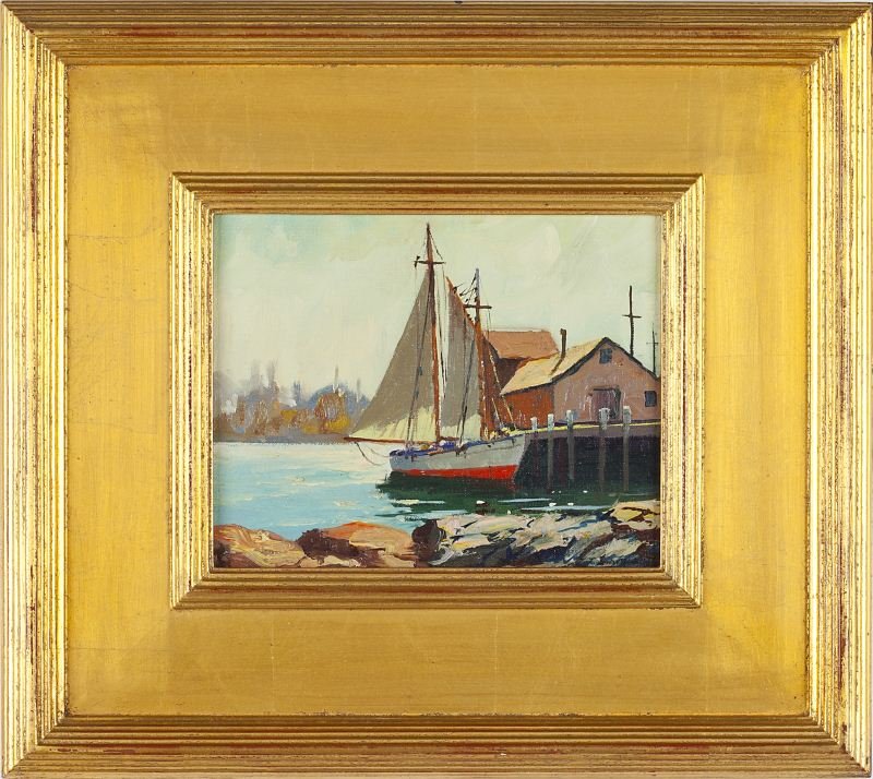 J. J. Enwright (NY, 1911 - 2001), Red Hull: J. J. Enwright (NY, 1911 - 2001), Red Hulloil on board, signed lower right, a quaint New England harbor scene, presented in gilt wooden frame.SS 7.5 x 9.5 in.; DOA 16.5 x 18.5 in.This artist, based in