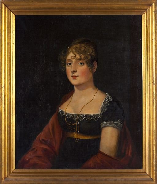 English School Portrait of a Lady, circa 1810: English School Portrait of a Lady, circa 1810oil on canvas (lined), unsigned, quarter length portrait of a young woman wearing a dark, lace trimmed, gown and red wrap, with gold chain, presented in a