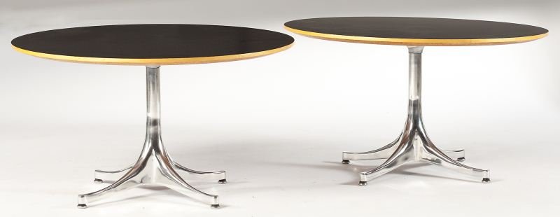 Pair of George Nelson Side Tables: Pair of George Nelson Side Tables (American, 1908-1986), for Herman Miller, black laminate top over wood and plywood with chrome four foot base, each with white Herman Miller labels. 15.75 x 28.5 in.