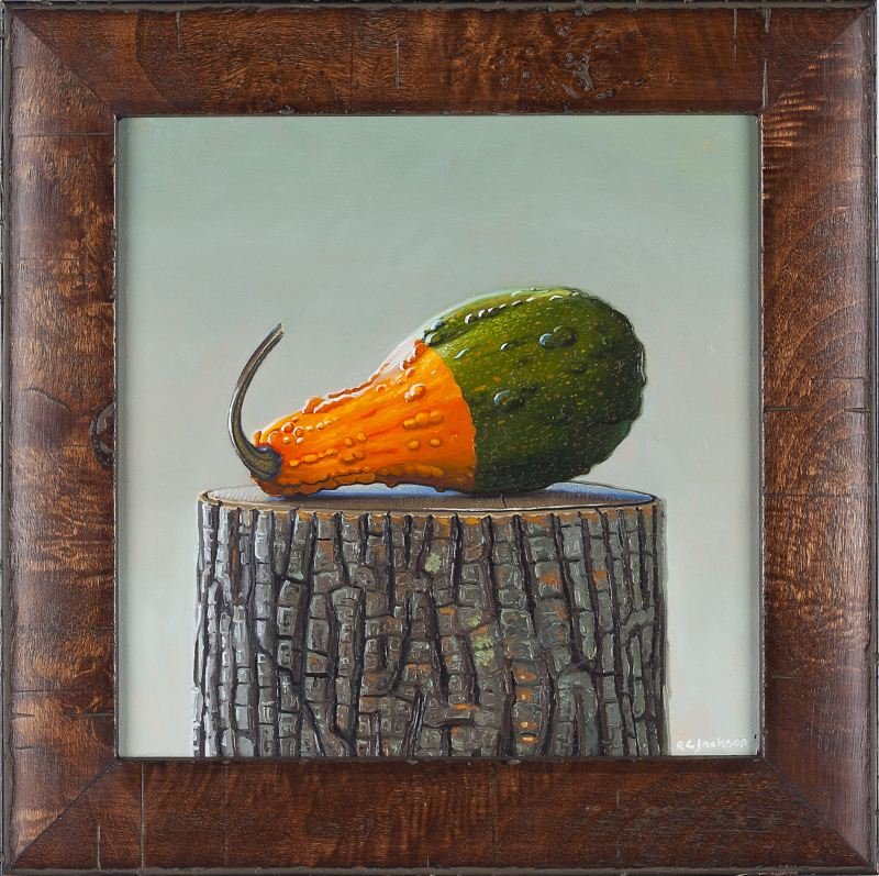 Robert Jackson (b. 1964), Squash: Robert Jackson (b. 1964), Squash oil on board, signed at lower left "R. C. Jackson," presented in a weathered wood frame. SS 8.75 x 8.75 in.; DOA 12 x 12 in. A native of Kinston, North Carolina, Rober