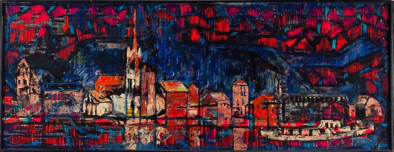 George Jones (NJ, 20th century), Mod City: George Jones (NJ, 20th century), Mod City mixed media collage on Masonite, signed at lower left "George Jones," presented in the original painted black frame. DOA 16 5/8 x 42 5/8 in. Private Collectio