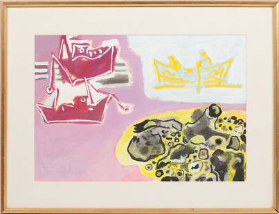 Richard Tucker (ME, 1903-1979), "Spanish Boats": Richard Tucker (ME, 1903-1979), "Spanish Boats" casein and acrylic on paper, signed and dated at lower left "Tucker '70" and retaining an old label on the verso, matted and framed under glass. SS