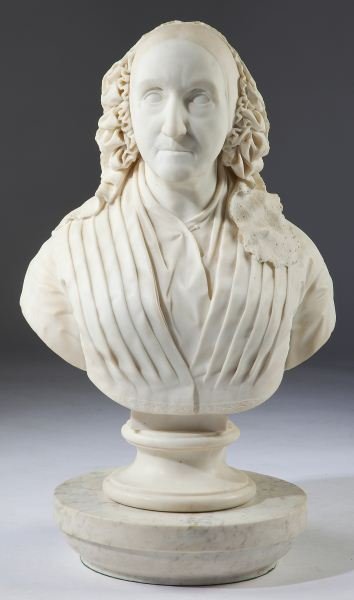 Antique Marble Bust of Lady: Antique Marble Bust of Lady unsigned, late 19th century, the sculpture rests upon a matching two-part base. 28.5 in. Purchased in New York City, 1962 The Estate Collection of Eleanor Wallace