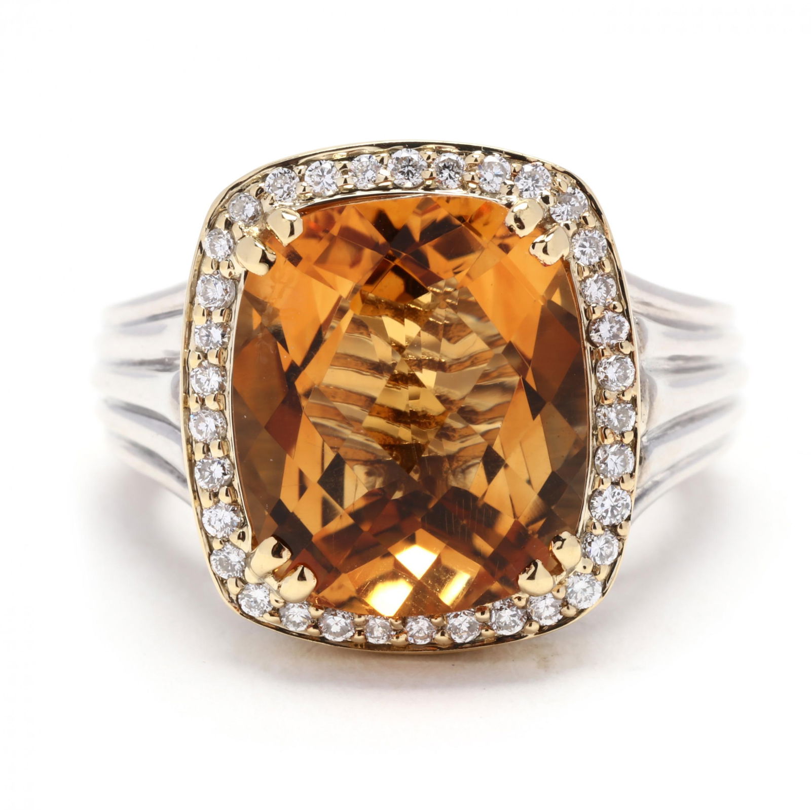 Gold, Silver, Citrine, and Diamond Ring, Charles Krypell: Gold, Silver, Citrine, and Diamond Ring, Charles Krypellcentered on a checkerboard cushion cut citrine weighing 8.62 carats, within a halo of full cut round diamonds weighing .35 total carat (H-I colo