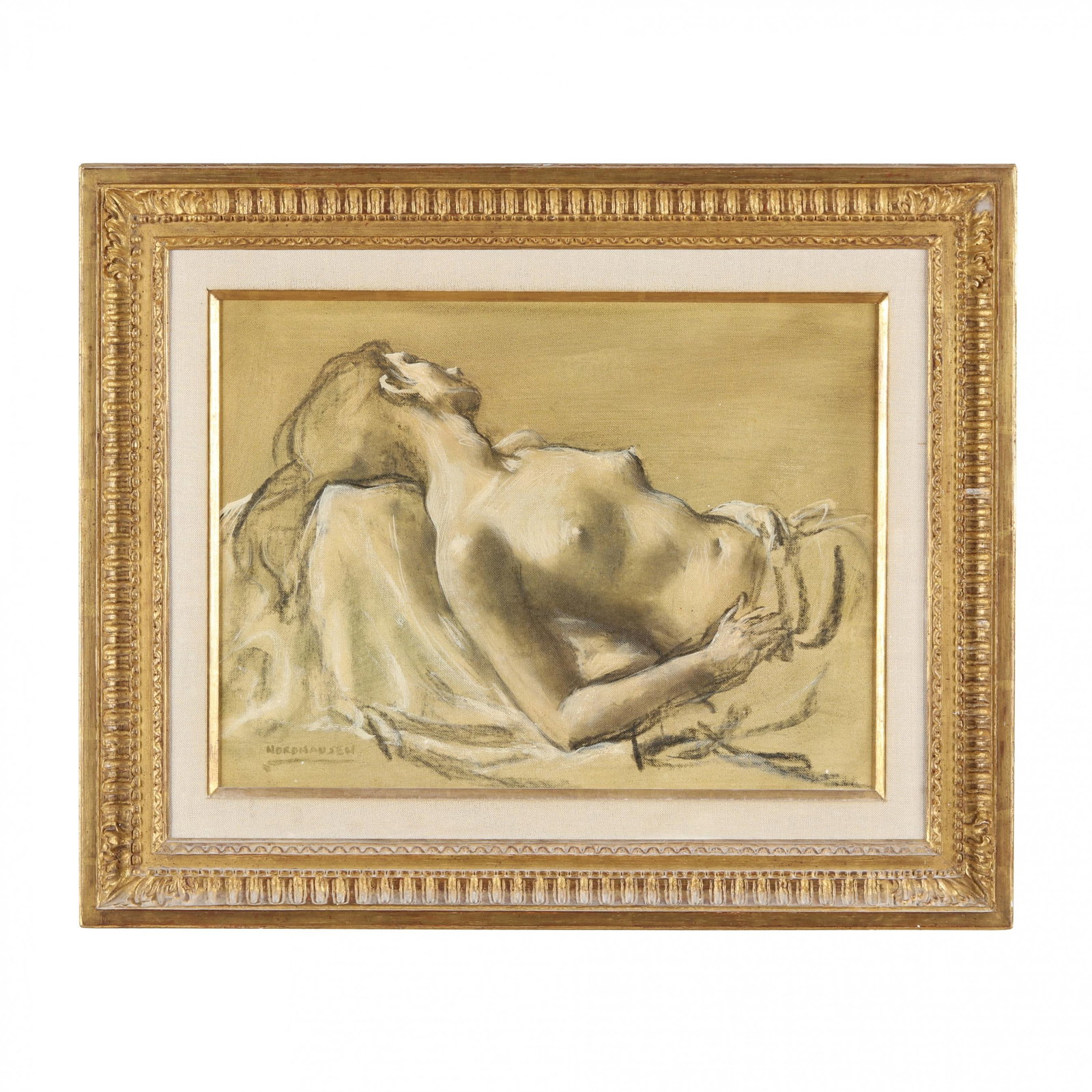 August Nordhausen (American, 1901-1993), Sleeping Nude: August Nordhausen (American, 1901-1993), Sleeping Nudeoil on artist board, signed at lower left, inscribed with title en verso, presented in a gadrooned giltwood frame with linen liner and gilt fillet