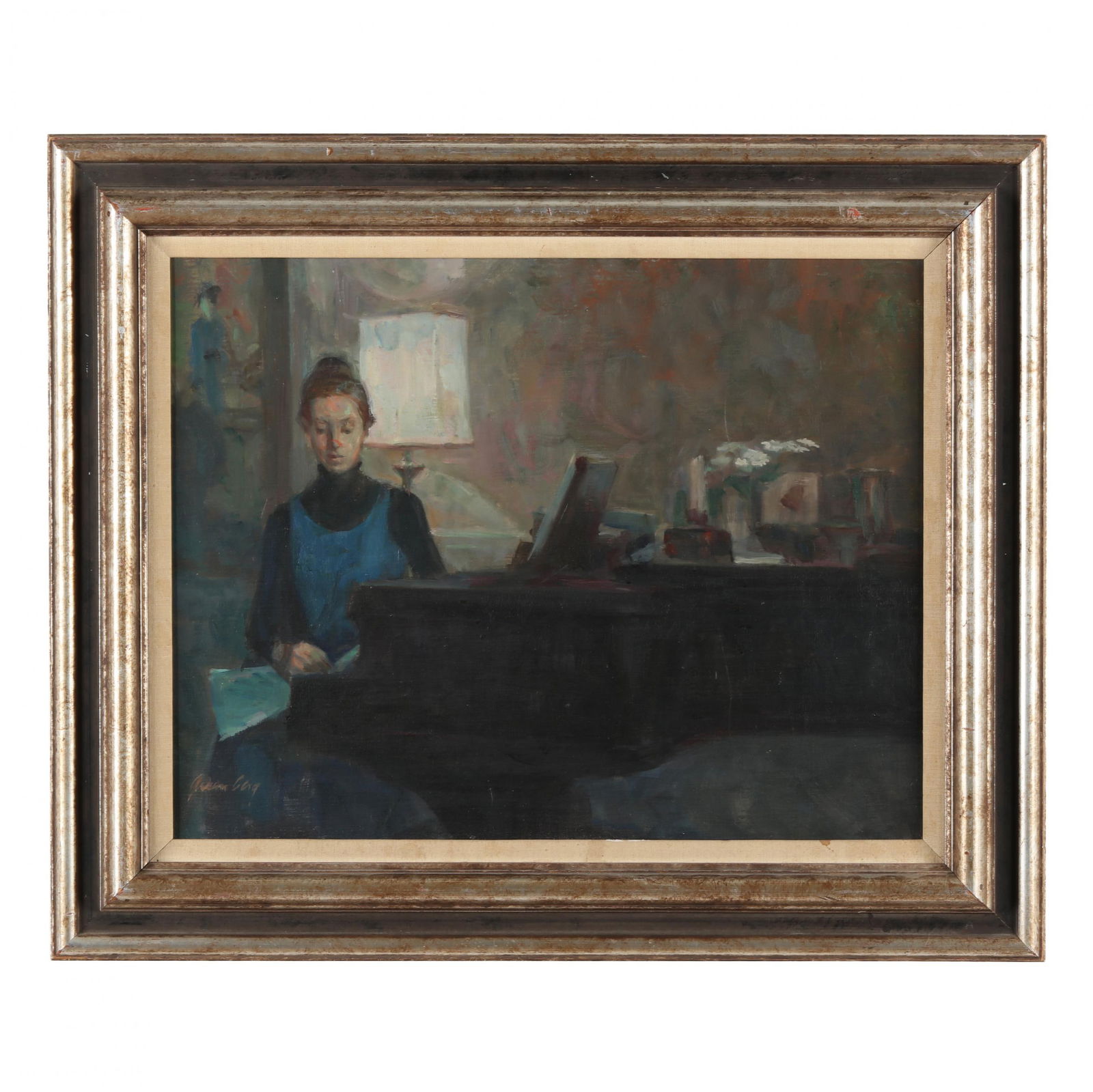 Irwin Greenberg (American, 1922-2009), Young Woman at a Piano: Irwin Greenberg (American, 1922-2009), Young Woman at a Pianooil on canvas, signed at lower left, framed. Stretcher size 14 x 18 1/4 in.; Frame dimensions 19 1/4 x 23 1/8 in. Irwin Greenberg was an aw