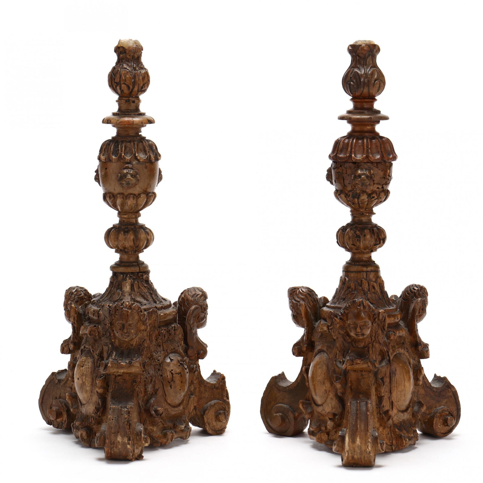Pair of Antique Continental Carved Wood Candlesticks (1 of 4)