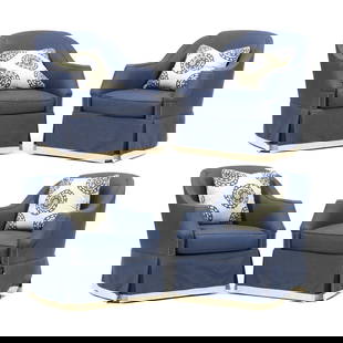 Four Hickory Chair Furniture Co. Upholstered Club Chairs: Four Hickory Chair Furniture Co. Upholstered Club Chairscontemporary, blue upholstery with bronze tone nail head trim, down filled accent pillows, loose cushion seat, swivel base with paneled skirt, l
