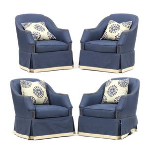 Four Hickory Chair Furniture Co. Upholstered Club Chairs: Four Hickory Chair Furniture Co. Upholstered Club Chairscontemporary, blue upholstery with bronze tone nail head trim, down filled accent pillows, loose cushion seat, swivel base with paneled skirt, l