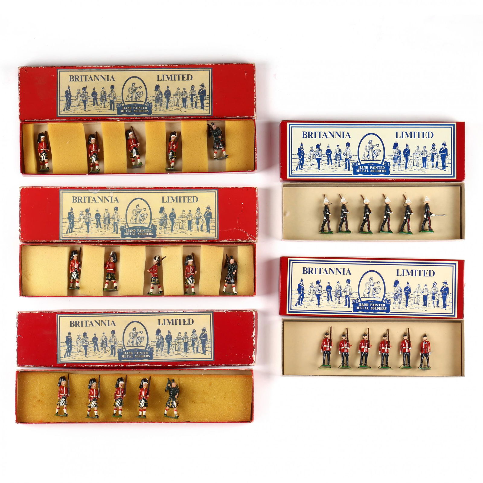 Five Boxed Editions Britannia Limited, Military Miniatures: Five Boxed Editions Britannia Limited, Military MiniaturesMade in England, "Royal Marines Marching" (6) figures and,"The Buffs Marching" (6) figures; three (3) sets of "Gordon Highlander's" each with
