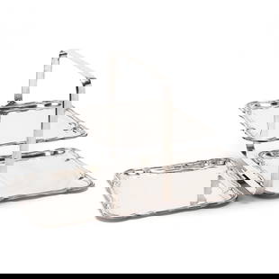 A Mexican Sterling Silver Folding Serving Stand: A Mexican Sterling Silver Folding Serving Standmark of Alfredo Ortega & Sons, pattern number 333★2, opens to reveal two rectangular trays and a central conforming tray that rotates upright withi