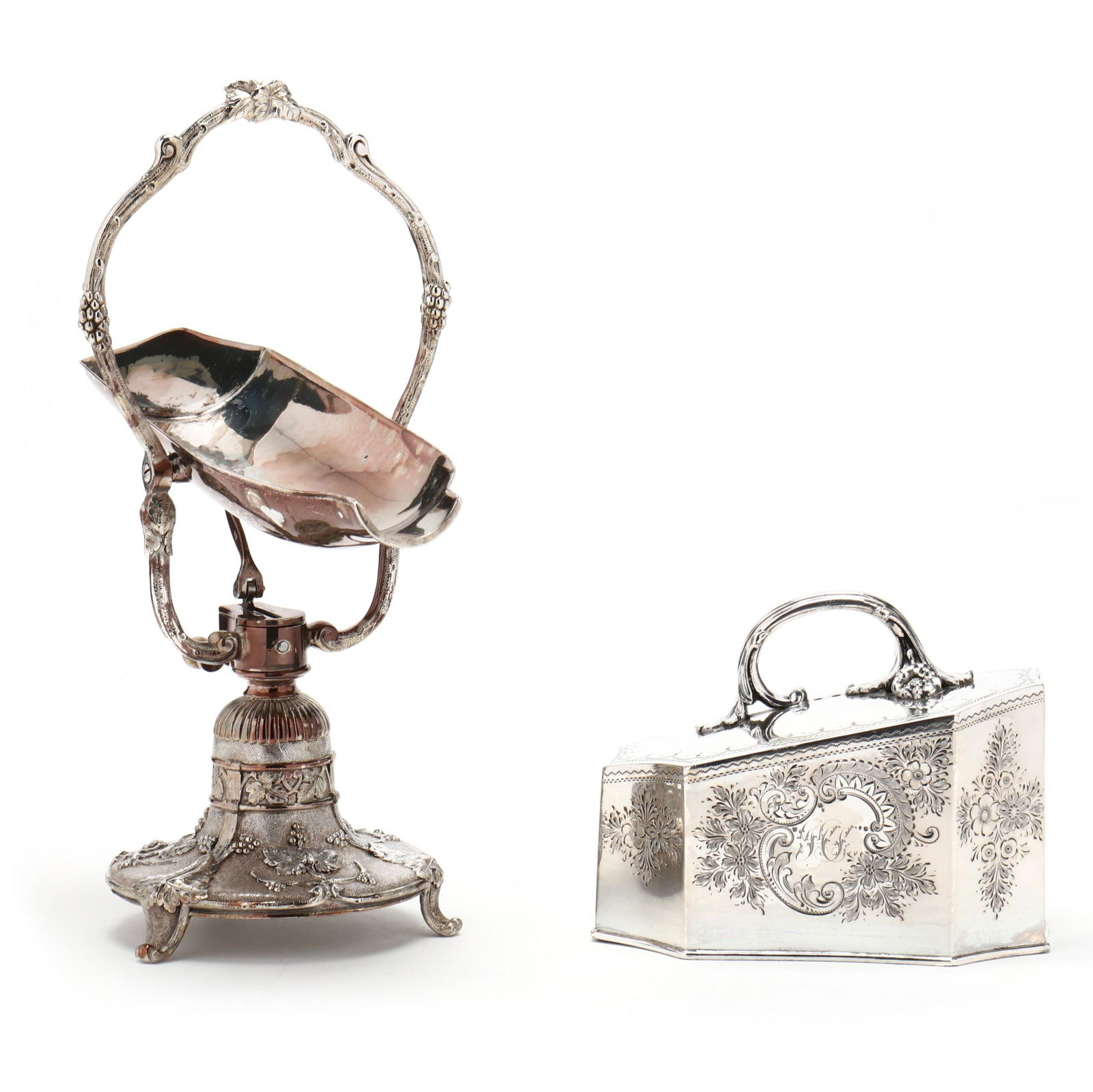 Two Antique Continental Silver-Plated Table Accessories: Two Antique Continental Silver-Plated Table Accessoriesthe first, a French mechanical wine pouring stand, with mark of Liezard Pere & Fils / Brevetes S.C.D.G, decorated with grape, vine, and leaf moti