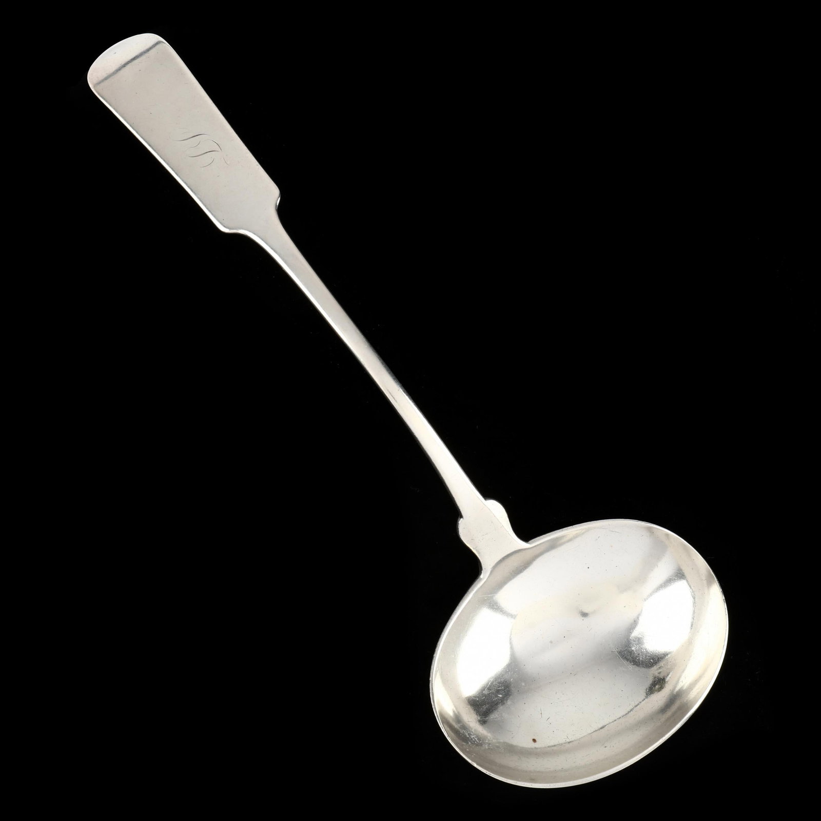 An Early American Coin Silver Ladle by Ward & Bartholomew: An Early American Coin Silver Ladle by Ward & Bartholomewwith "W & B" mark attributed to James Ward & Roswell Batholomew, Harford CT, 1804-1809, and additional pseudo hallmarks; with tipt handle, roun