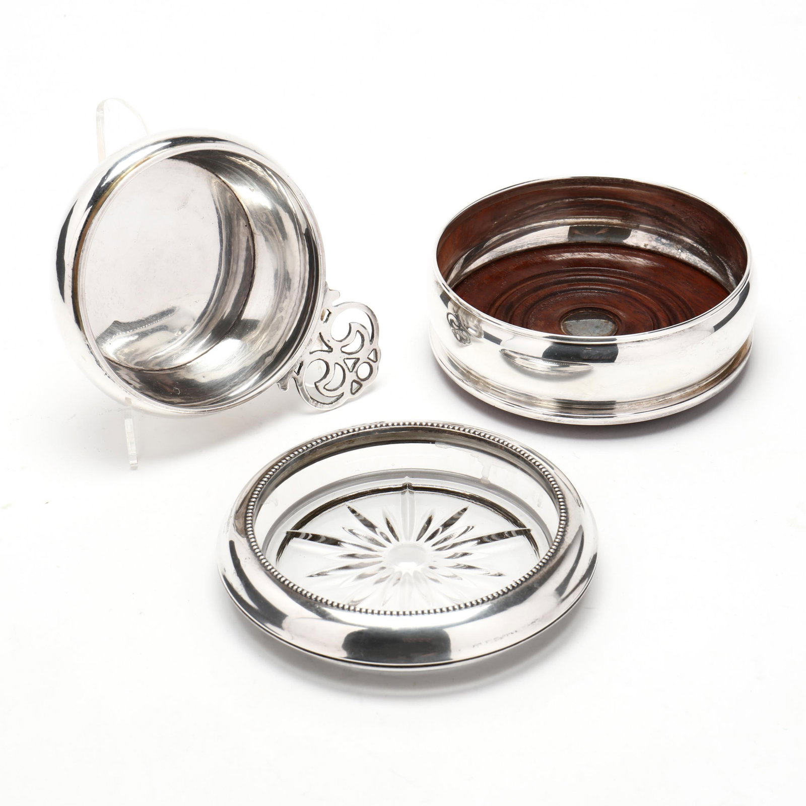 Three Sterling Silver and Silver-Plated Bar Accessories: Three Sterling Silver and Silver-Plated Bar Accessoriesincludes a sterling silver porringer with marks for Karl F. Leinonen, pattern number 91, reticulated handle, engraved "Edward Payson George / Oct