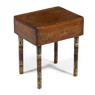 Painted American Folk Art Table, signed Frank Schrecengost: Painted American Folk Art Table, signed Frank Schrecengost20th century, hand-painted pine, rectangular top and turned legs, top inscribed "May 30. 1942," the whole decorated in pen and ink illustratio