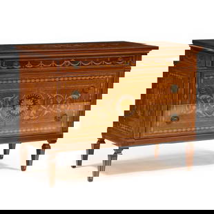 Italian Marquetry Inlaid Commode: Italian Marquetry Inlaid Commodecontemporary, kingwood, mahogany and mixed wood veneers, rectangular top with inlaid bird, urn and foliate motifs, three flush drawers with swag, bellflower and acanthu